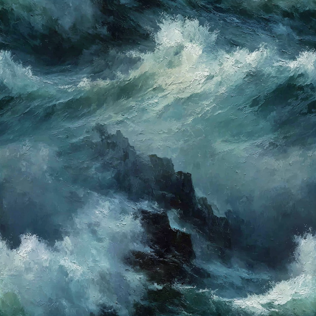 Tempest Ridge wallpaper with swirling blues and whites, featuring wave and rock formations.

