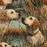 Patterned wallpaper with a duck hunting theme, showing golden retrievers amongst reeds and water.
