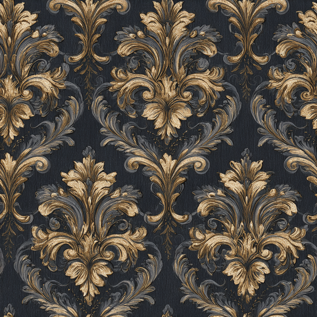 Damask wallpaper by Brewster with ornate gold and gray floral scroll pattern.
