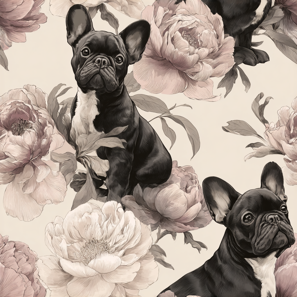 Boulevard François Wallpaper with a French Bulldog and peony floral pattern.