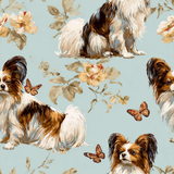 Jardin Papillon wallpaper with floral and Papillon dog pattern.