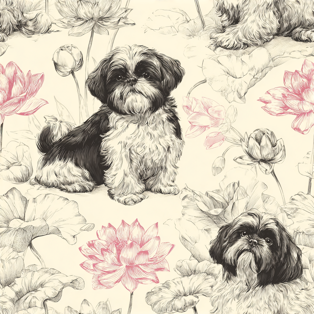 Patterned wallpaper with Shih Tzus and lotus flowers on a neutral background.
