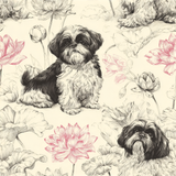 Patterned wallpaper with Shih Tzus and lotus flowers on a neutral background.
