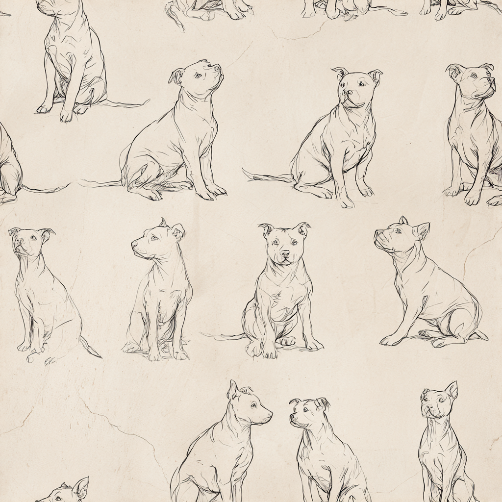 Dog sketch wallpaper with repeating pitbull patterns on a distressed, textured background.
