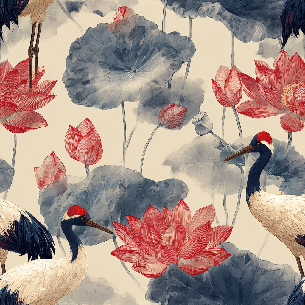 Patterned wallpaper featuring red lotus flowers and cranes on a cream background.