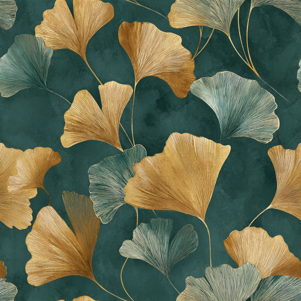 Gilded Ginkgo wallpaper with gold and teal leaves on a mottled teal background.
