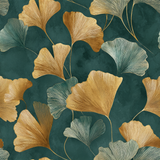 Gilded Ginkgo wallpaper with gold and teal leaves on a mottled teal background.
