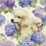 Hydrangea wallpaper with poodle dogs and floral details in watercolor style.