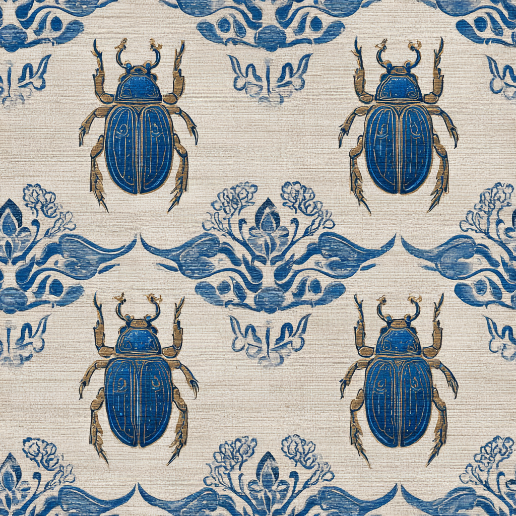 Scarab and silk wallpaper with blue patterns, set against a textured, neutral backdrop.