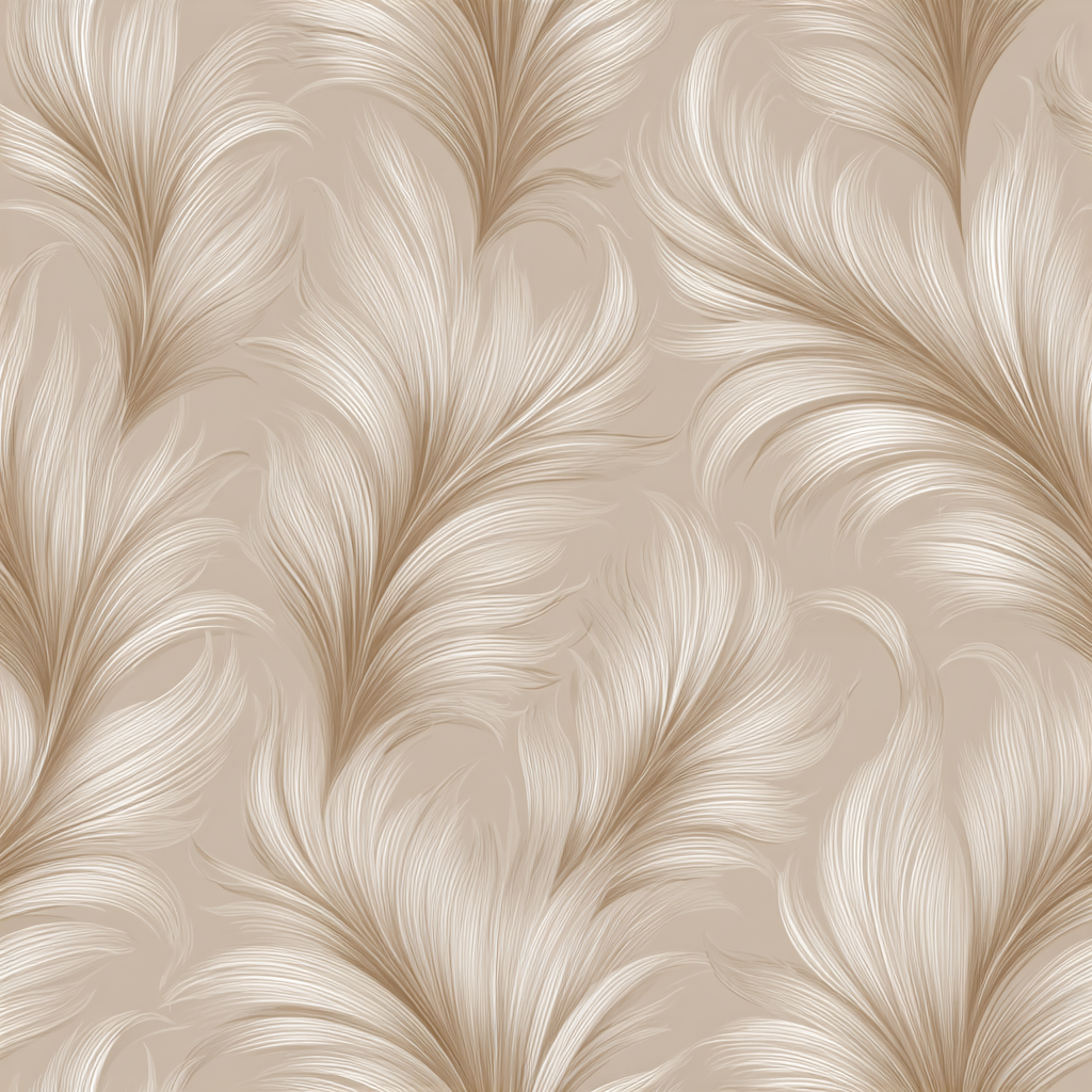 Beige wallpaper with sweeping feather pattern.
