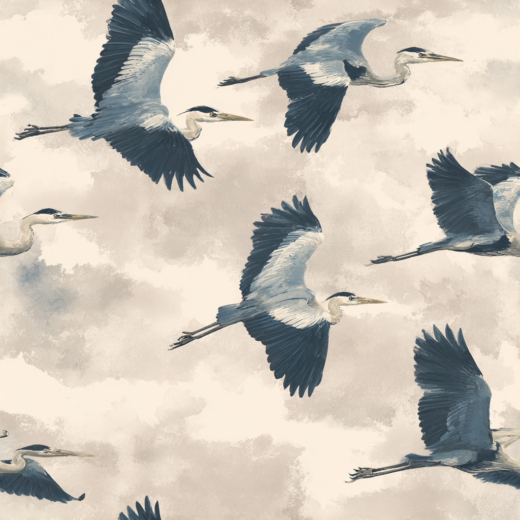 Blue Marsh Waltz Wallpaper with grey herons in flight against a cloudy sky background.
