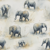 Elephant-themed wallpaper, featuring watercolor-style elephants among subtle grasses.
