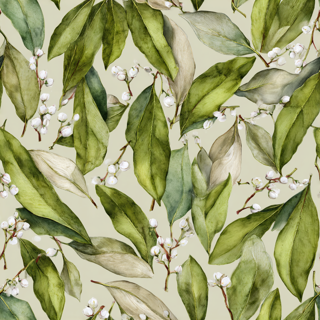 Green Evergreen Chapel Wallpaper with leaves and berries pattern.