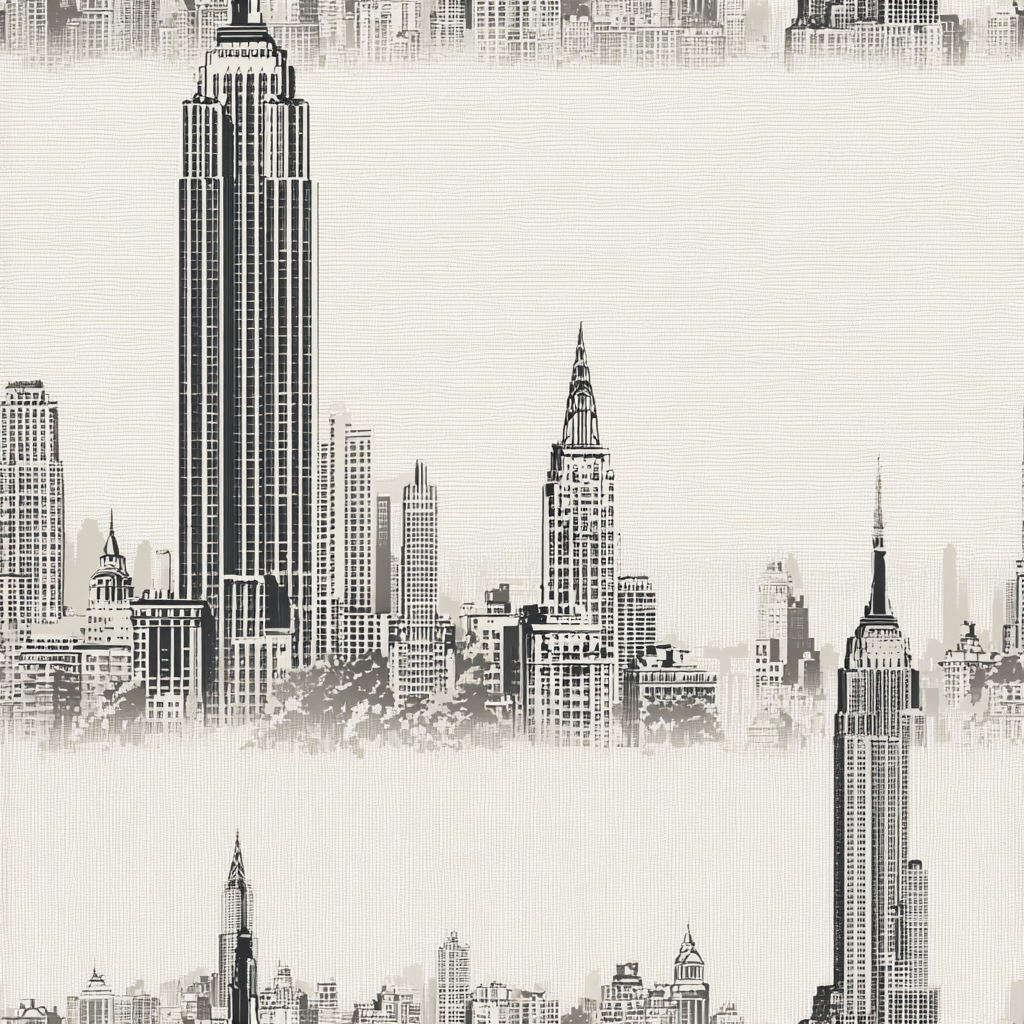 Gotham Meridian Wallpaper featuring a black and white cityscape pattern.
