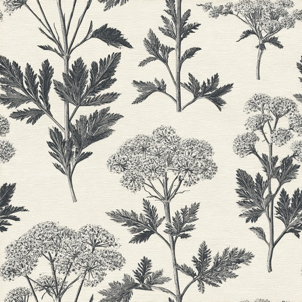 Botanical wallpaper pattern with dark gray herbs on a textured cream background.