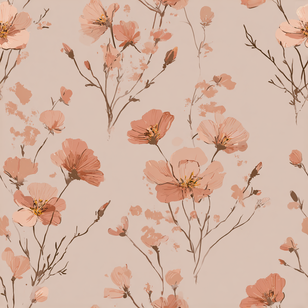 Floral wallpaper with peach blooms and delicate branches on a beige background.