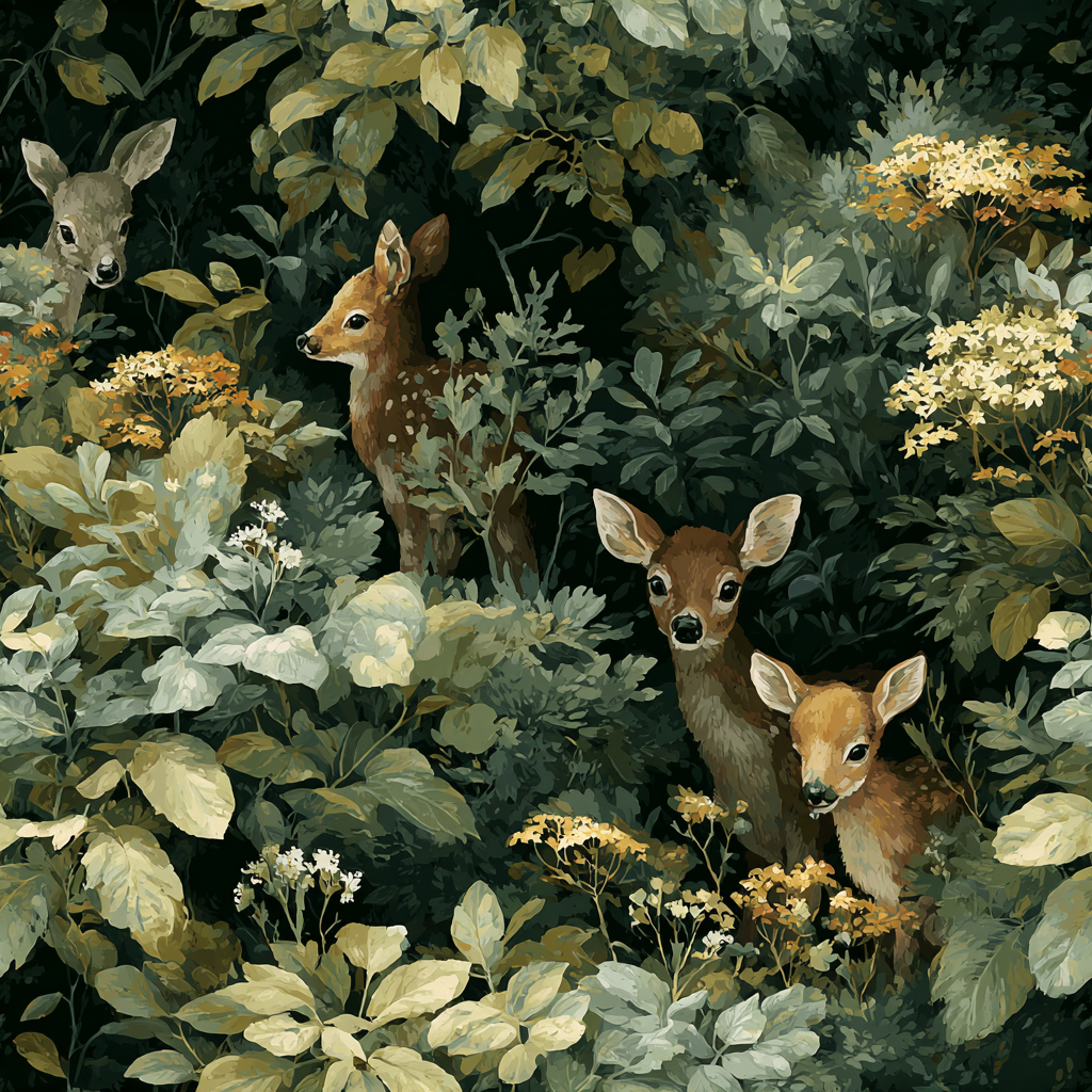 Woodland Creatures Wallpaper with deers in a dense leafy forest, with white and yellow wildflowers.