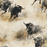 Animal print wallpaper with bull pattern against a beige, textured background.