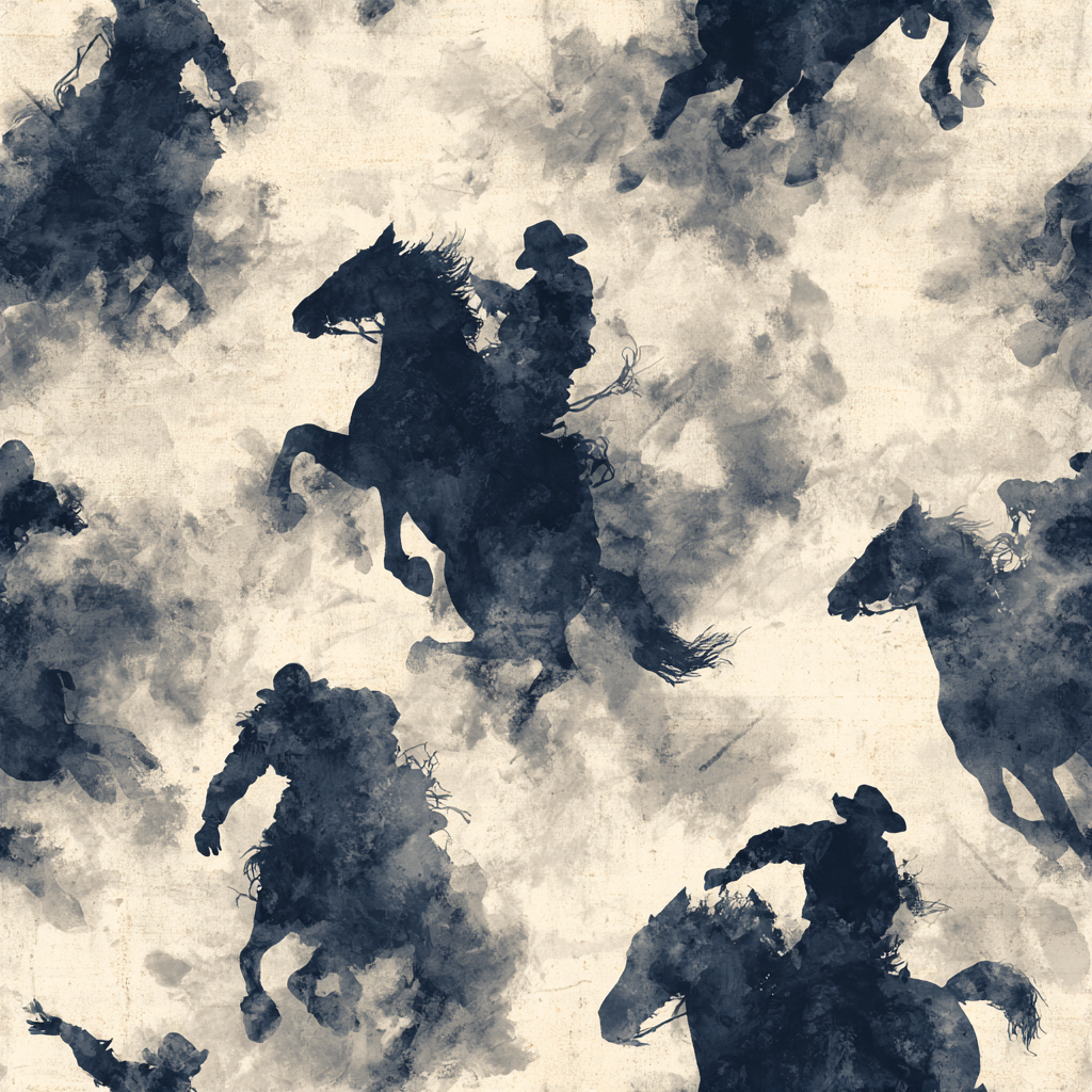 Dust Riders wallpaper with navy silhouettes by Wallshoppe featuring horses and cowboys in a vintage-inspired design.
