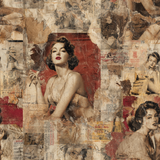 Vintage pin-up wallpaper with red accents, collage style with distressed textures.
