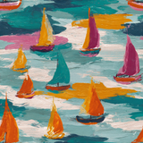 Côte Solaire wallpaper with sailboat pattern in shades of teal, pink, yellow, and orange.