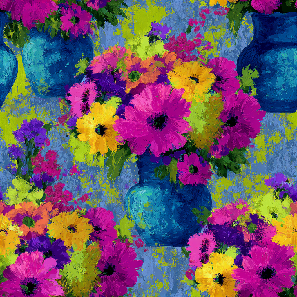 Floral wallpaper with bright, vibrant colors against a textured, artistic background.