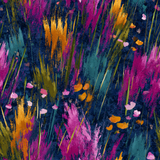 Wild Reverberation wallpaper with abstract floral brushstrokes on a textured navy background.