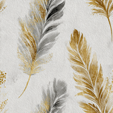 Plume Aureate Wallpaper with feather pattern in gold and grayscale on a textured background.
