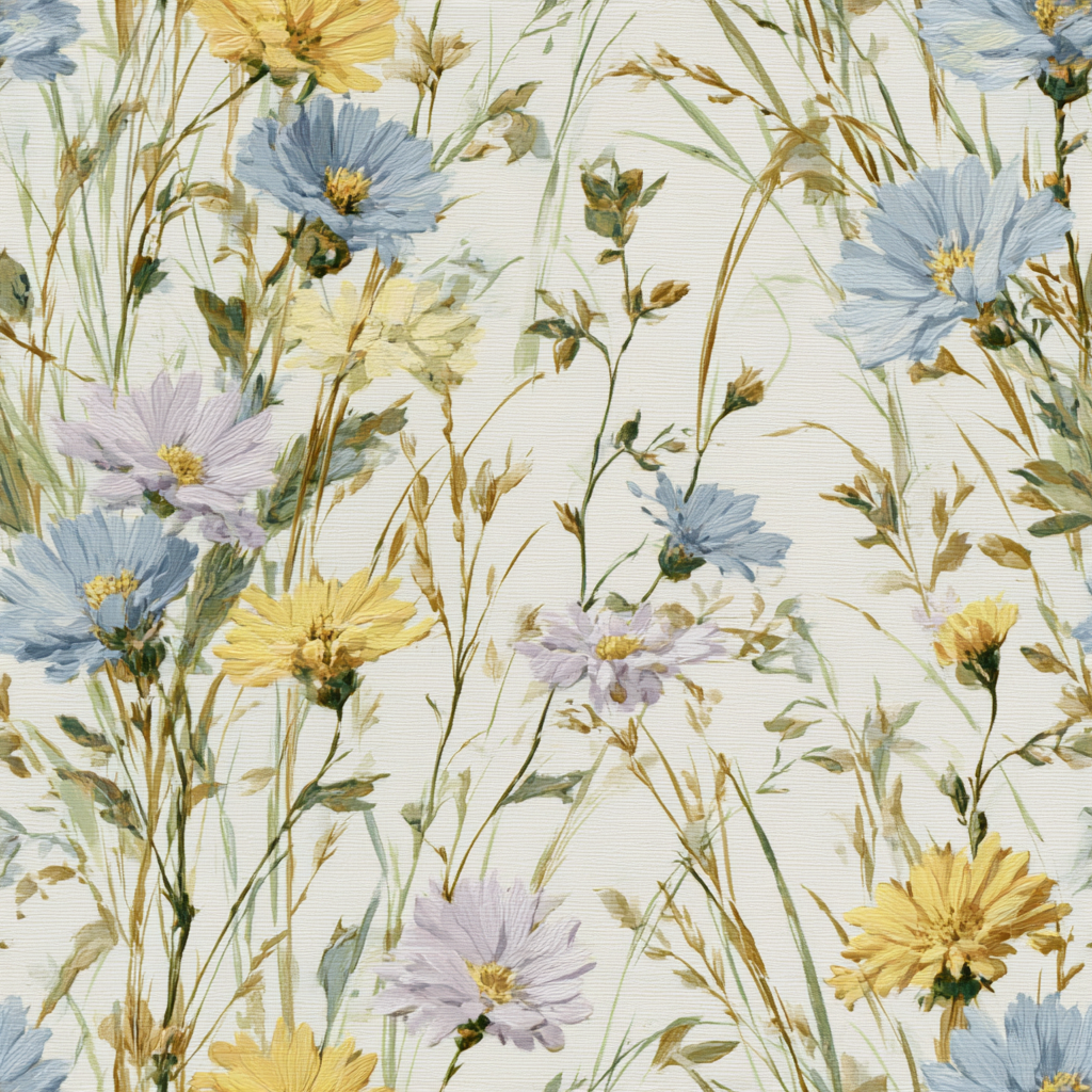 Floral Meadow Flicker wallpaper with flowers and wheat pattern on a textured background.