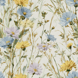 Floral Meadow Flicker wallpaper with flowers and wheat pattern on a textured background.