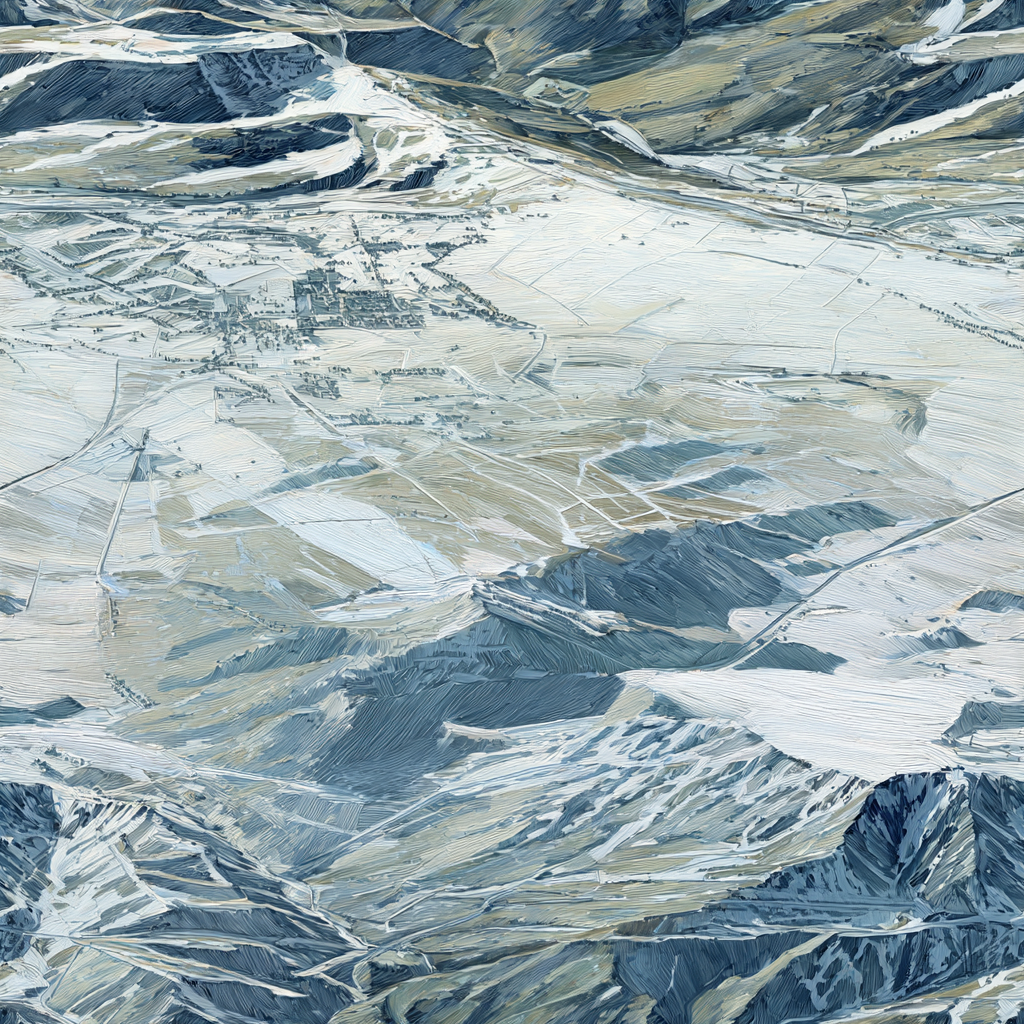 Landscape wallpaper with muted tones, snowy textures, and fine brushstrokes.

