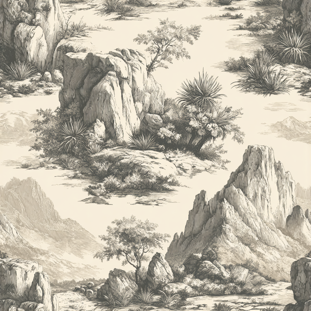 Etching-style wallpaper with desert landscape pattern.
