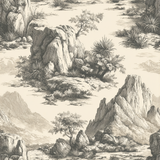 Etching-style wallpaper with desert landscape pattern.
