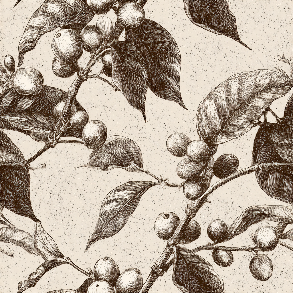 Botanical Arabica Etch Wallpaper with coffee plant illustration, in a vintage style.
