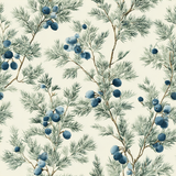 Juniper pattern wallpaper by Bluewake featuring blue berries and green needles against a cream background.