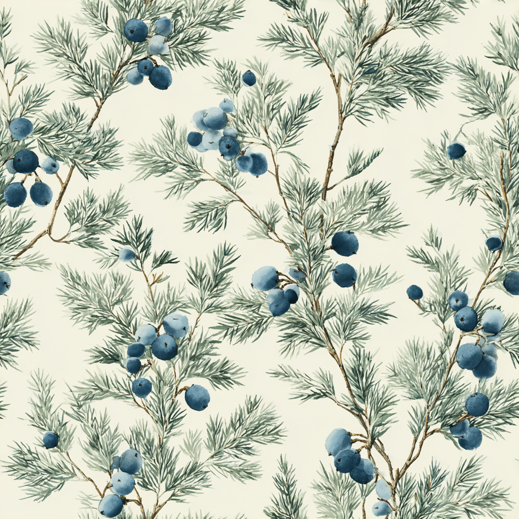 Juniper pattern wallpaper by Bluewake featuring blue berries and green needles against a cream background.