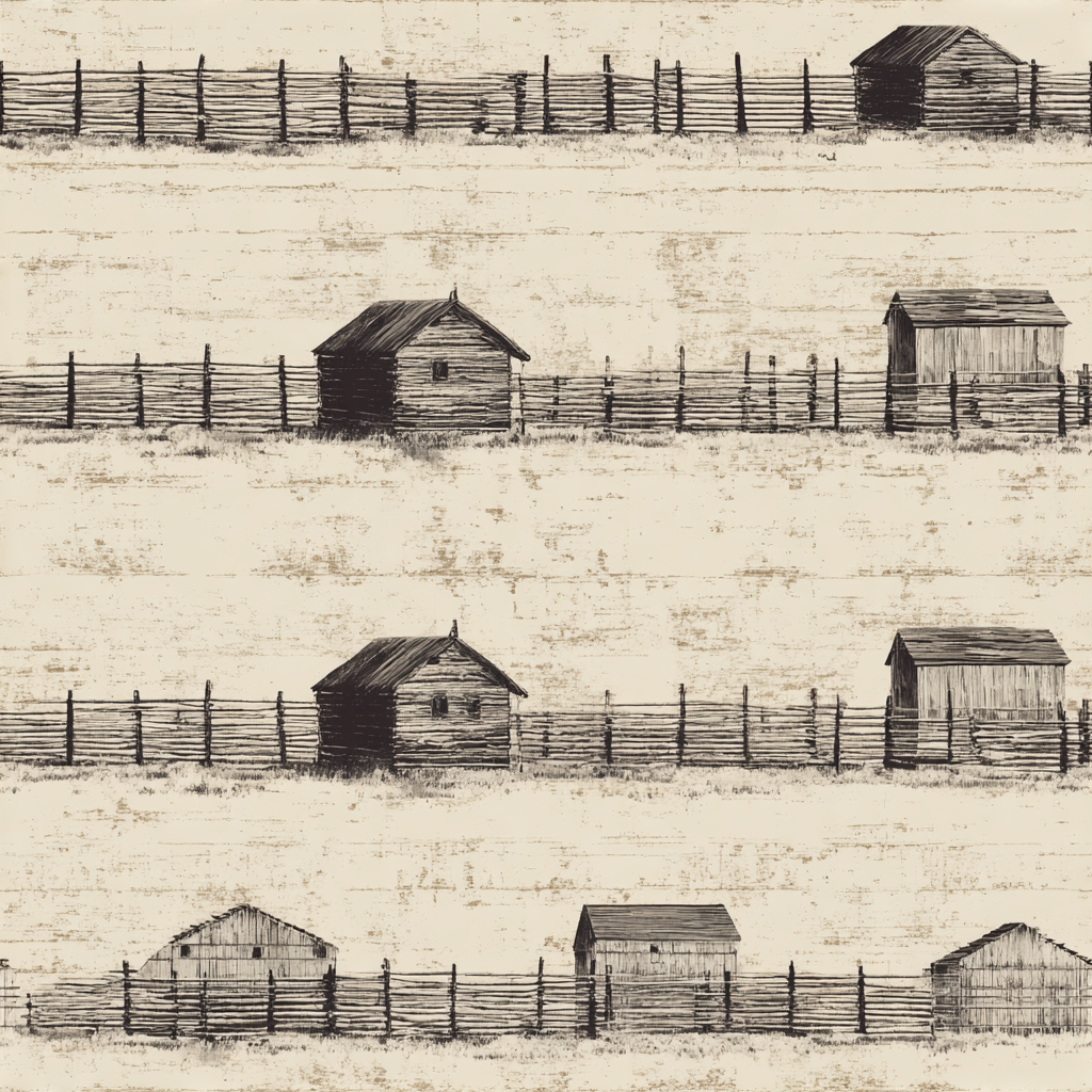 Homestead ledger wallpaper with farm pattern, fence and small barn details.
