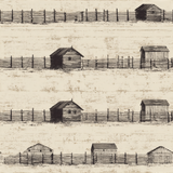 Homestead ledger wallpaper with farm pattern, fence and small barn details.
