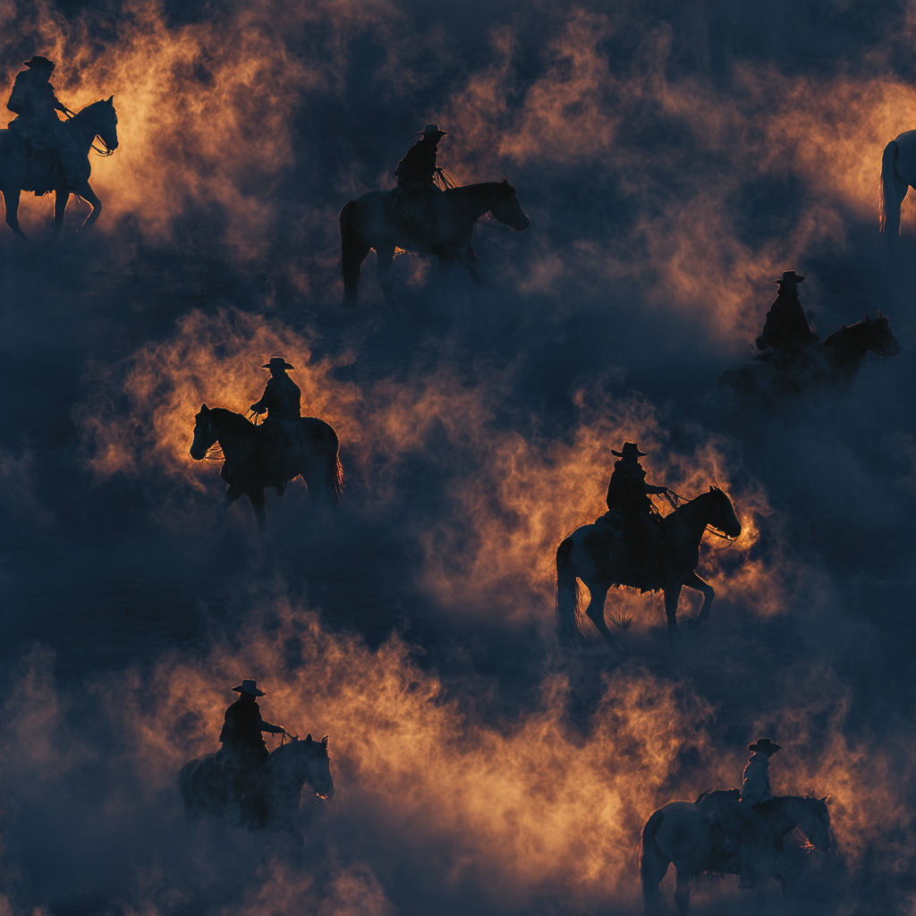Riders at dusk wallpaper featuring silhouetted cowboys and horses with a smoky, atmospheric aesthetic.
