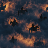 Riders at dusk wallpaper featuring silhouetted cowboys and horses with a smoky, atmospheric aesthetic.
