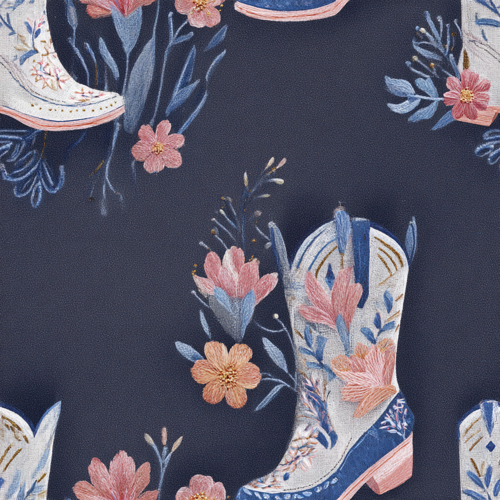 Floral cowboy boot wallpaper from Bluebonnet, featuring a repeating pattern on a textured, dark blue background.