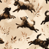 Patterned wallpaper with running terrier dogs and leaves, in shades of brown.