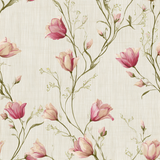 Floral vine wallpaper with pink blooms, delicate green stems, and textured beige backdrop.