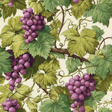 Botanical wallpaper with purple grape bunches and green leaves.