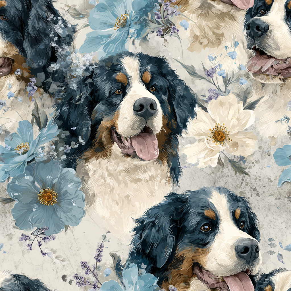 Alpine Elysium Wallpaper with dog and floral pattern.