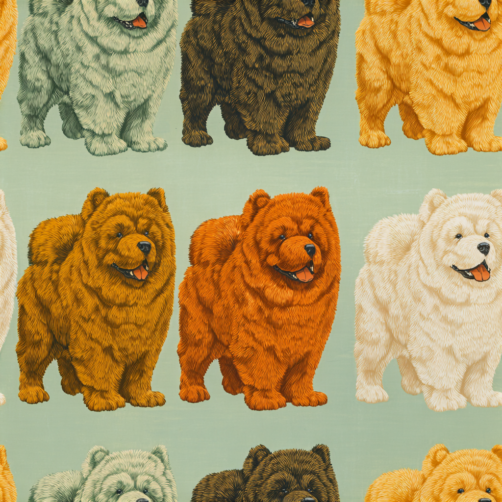 Halston Grove wallpaper with colorful chow chow dog pattern.