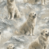 Patterned wallpaper featuring white Great Pyrenees dogs by Brewster, set against a misty mountain landscape.
