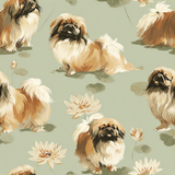 Patterned wallpaper with Pekingese dogs and water lilies on a muted green background.