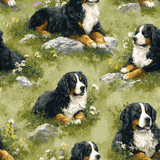 Edelweiss Hollow wallpaper featuring Bernese Mountain Dogs with flower accents on a patterned green background.