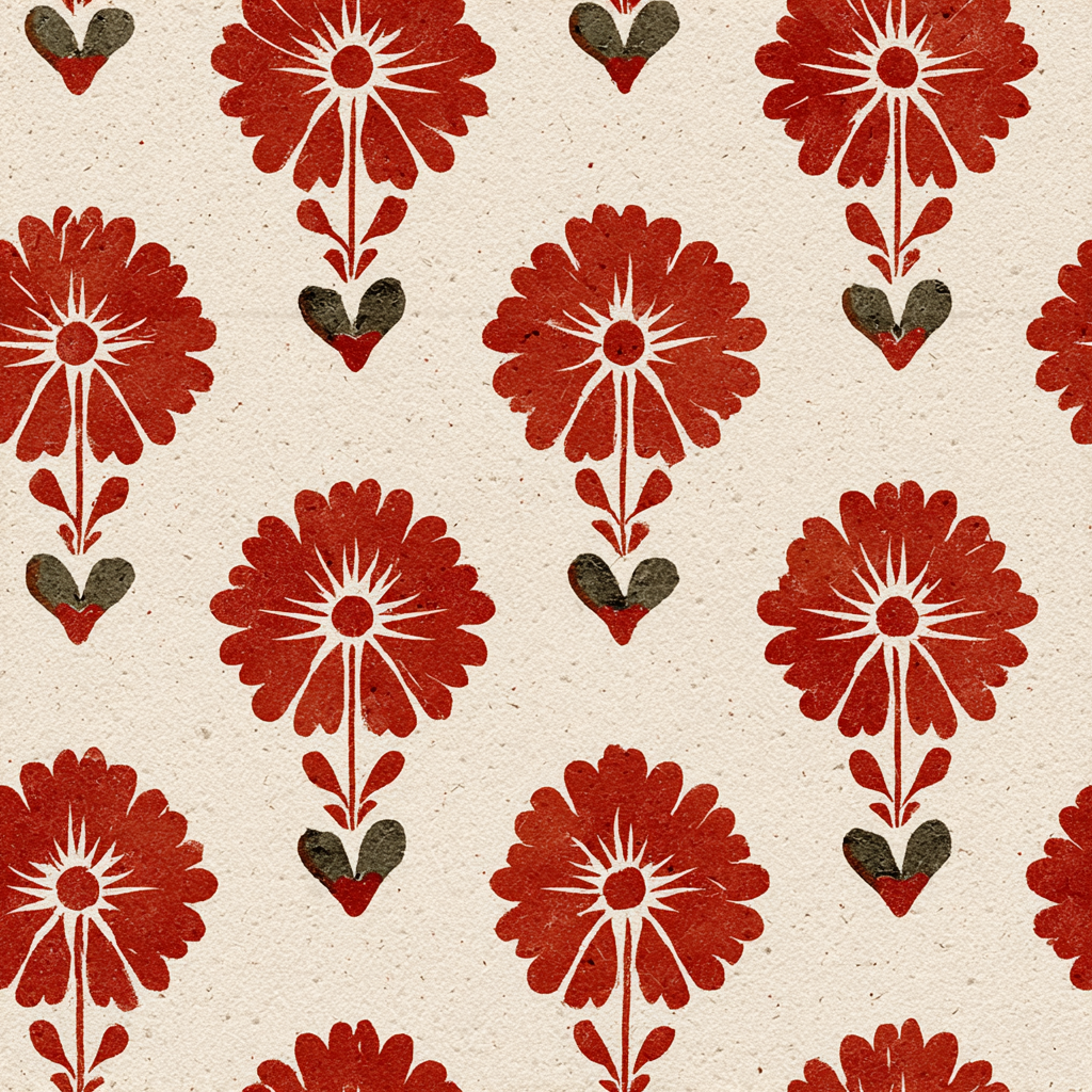 Ciderfolk wallpaper with red floral pattern and light brown textured background.